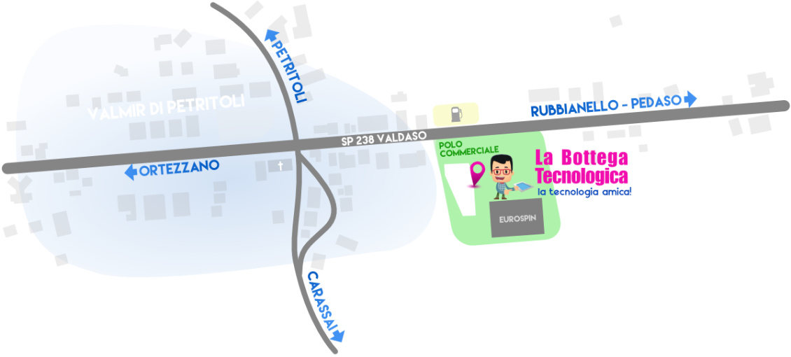 La Bottega Tecnologica si trova in contrada San Marziale 99 a Valmir di Petritoli nel Polo Commerciale vicino all'Eurospin.